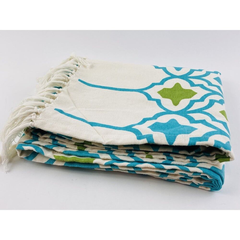 Cotton Tablecloth Runner Moroccan Style Made In India Blue Green Fringe Jabara - Picture 3 of 9